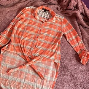 Peach Plaid Button down Tie Shirt